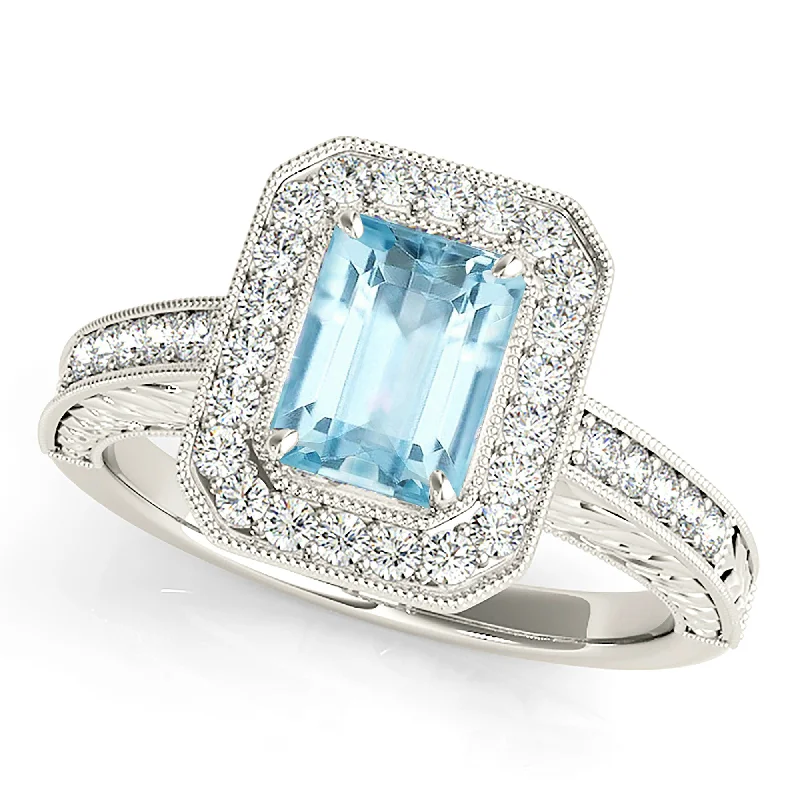 unique rings for women-1.00 ct. Genuine Emerald Cut Aquamarine Ring With Halo