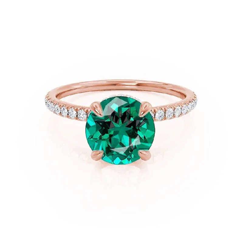 unique ruby engagement rings for women-LIVELY - Chatham® Round Emerald 18k Rose Gold Petite Hidden Halo Pavé Shoulder Set Ring