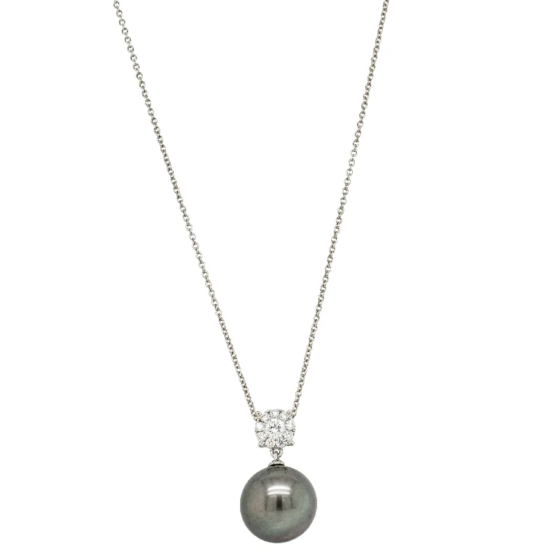 statement pendant necklaces for women-18ct White Gold 13mm Tahitian Black Pearl & Diamond Galaxy Necklace