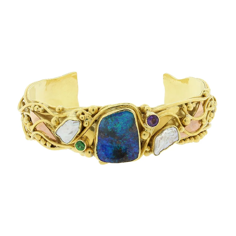 bangles with diamonds for women-Estate Opal Pearl Tsavorite Amethyst Two-Tone Gold Cuff Bracelet