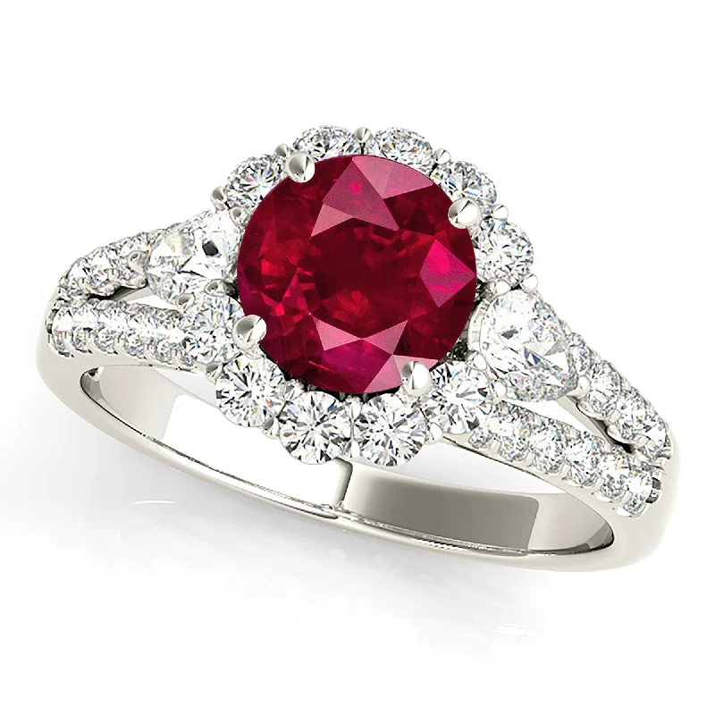 fashion rings with gemstones for women-1.35 ct. Genuine Ruby Ring With Halo And Accent side Diamonds