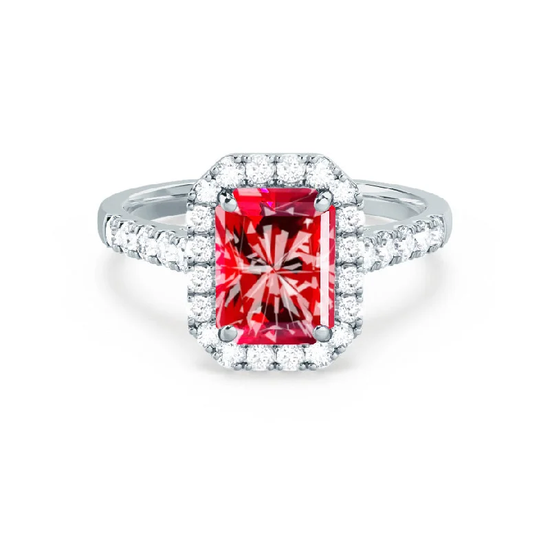 vintage engagement rings for women-ESME - Chatham® Radiant Lab-Grown Ruby & Diamond 18k White Gold Halo