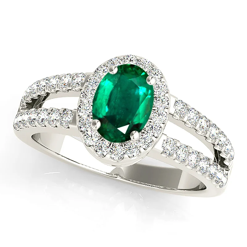 luxurious diamond rings for women-2.00 ct. Genuine Oval Emerald Ring With Halo and Diamond Split Shank