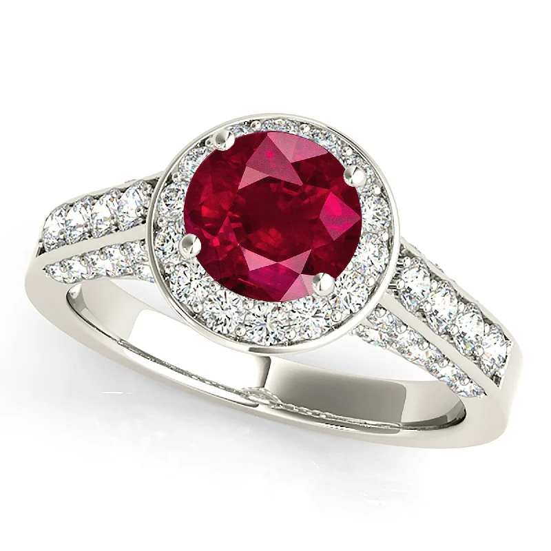 bold statement rings for women-1.35 ct. Genuine Ruby Ring With Halo And Side Accent Diamonds