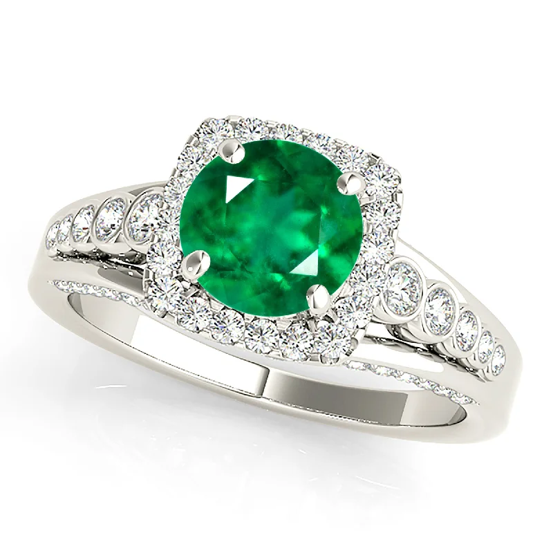 platinum rings for women-1.75 ct. Genuine Emerald Split Shank Halo Ring With Side Diamonds