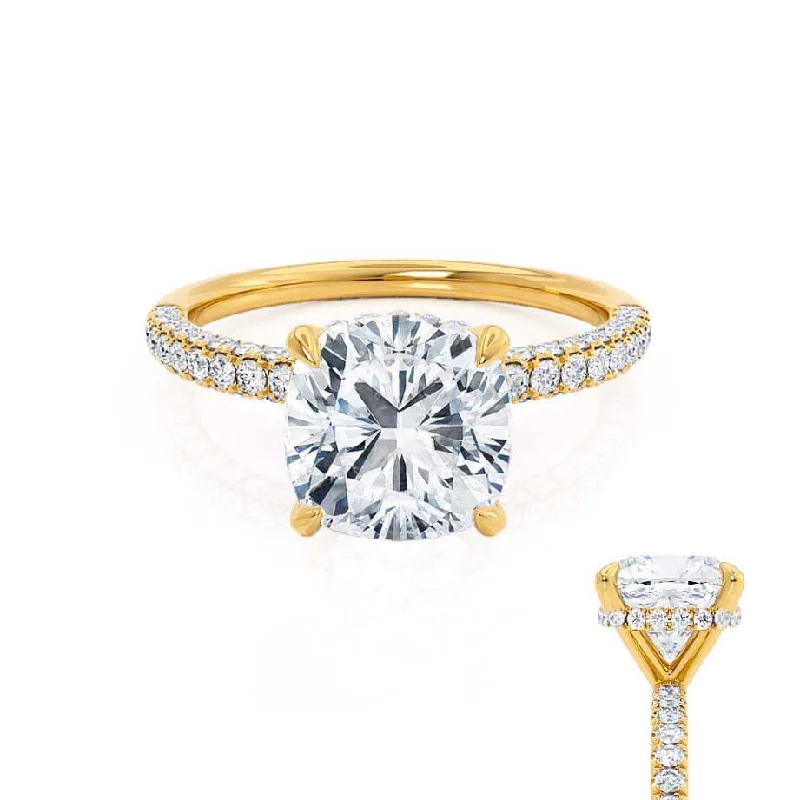 double-band engagement rings for women-COCO - Cushion Cut Lab Diamond 18k Yellow Gold Petite Hidden Halo Triple Pavé