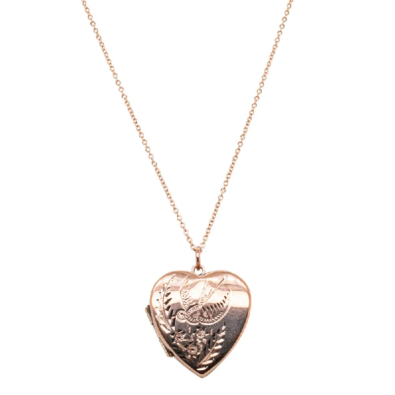 custom necklaces for women-Vintage 9ct Rose Gold Pheasant & Flowers Heart Locket