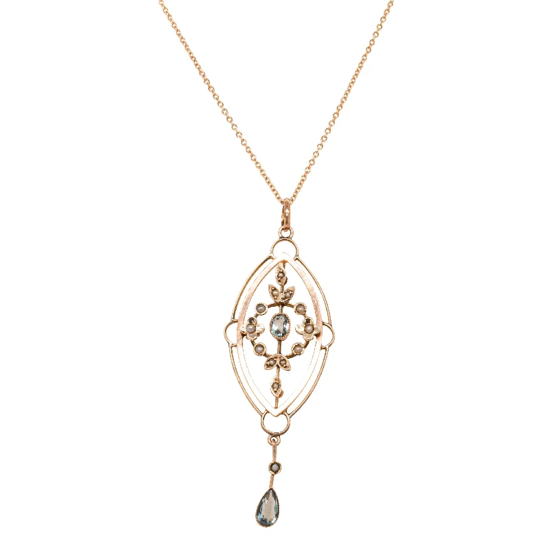 trendy necklaces for women-Vintage 9ct Rose Gold Aquamarine & Seed Pearl Pendant