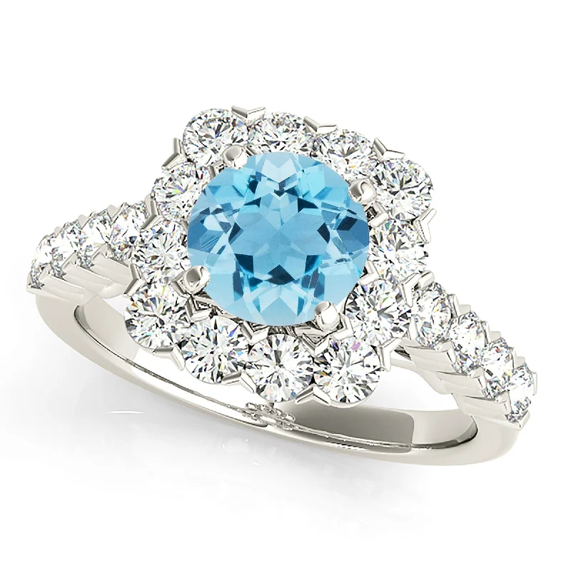 eternity rings with diamonds for women-2.00 ct. Genuine Aquamarine Ring With Cushion Halo