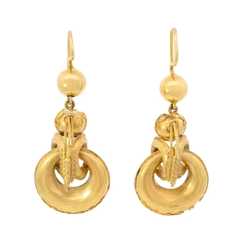 elegant gold earrings for women-Victorian 14kt Harvest Wheat Etruscian Dangle Hoop Earrings