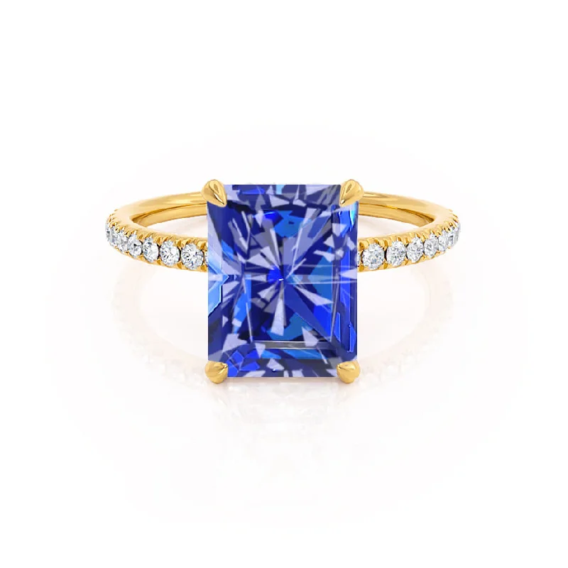 engagement rings with emeralds for women-LIVELY - Chatham® Radiant Blue Sapphire & Diamond 18k Yellow Gold Petite Hidden Halo Pavé Shoulder Set Ring