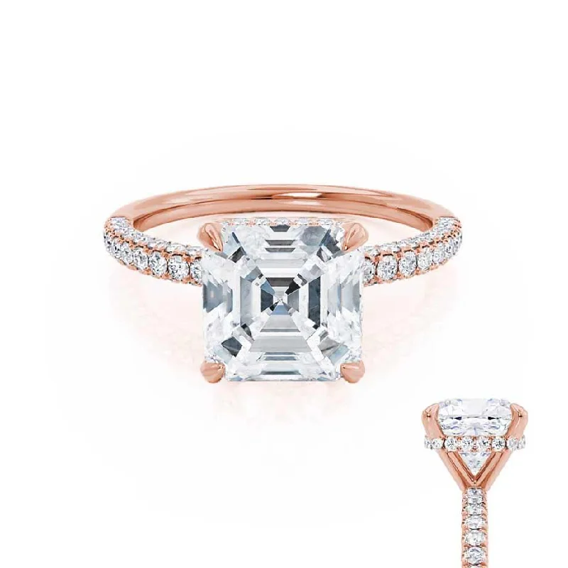 sapphire and diamond engagement rings for women-COCO - Asscher Moissanite & Diamond 18k Rose Gold Hidden Halo Triple Pavé Shoulder Set