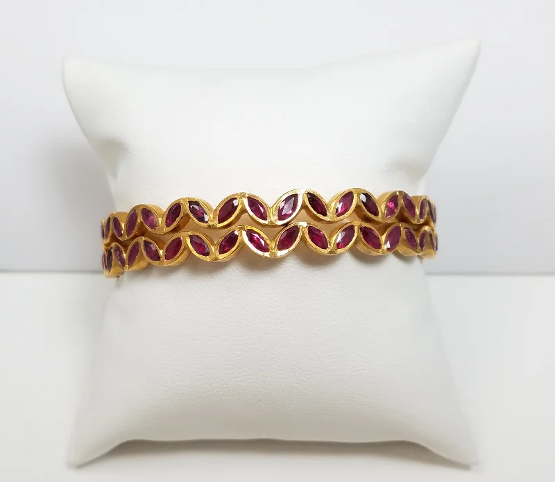 trendy bangles for women-Two Matching 21k Yellow Gold Luxurious Natural Ruby Hand Made Solid Bangle Bracelets