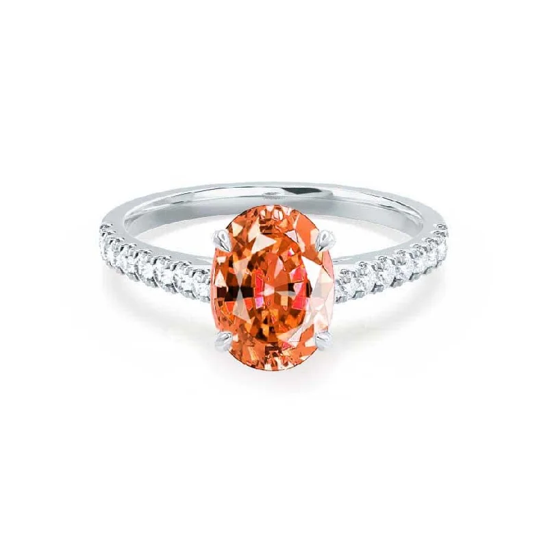 trendy engagement rings for women-VIOLA - Chatham® Padparadscha Oval & Diamond 950 Platinum Shoulder Set Ring