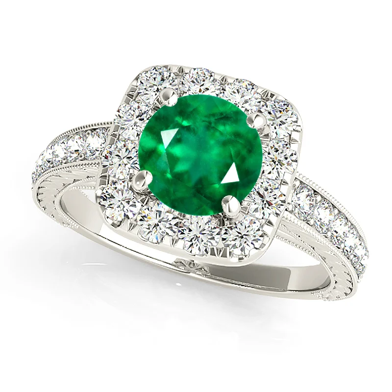 silver rings for women-2.00 ct. Genuine Round Emerald Ring With Halo and With Milgrain Design