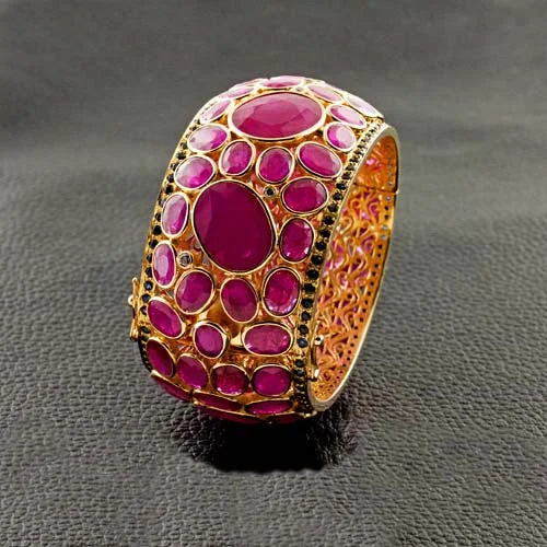 classic bangles for women-Ruby & Diamond Hinged Bangle Bracelet