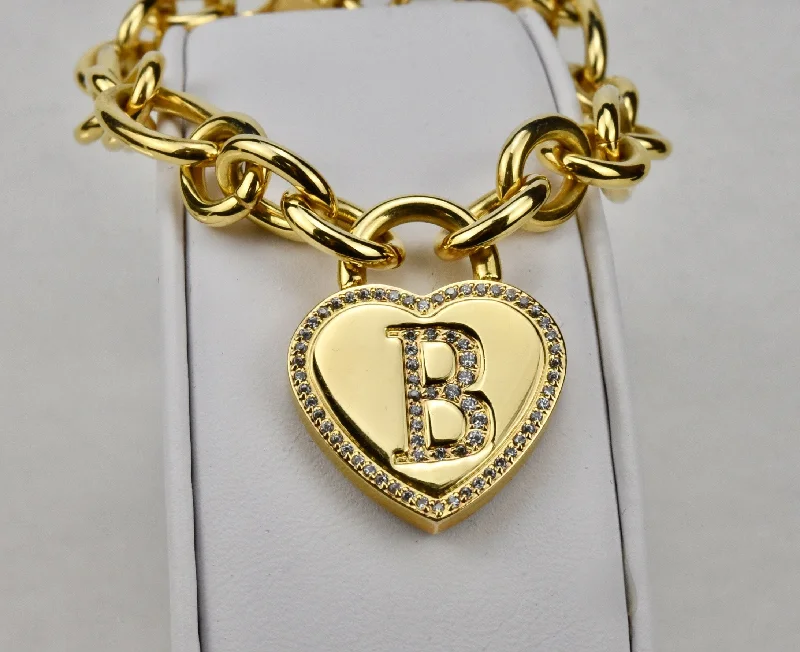 oversized bangles for women-Gold Tone Stainless Steel Chain Bracelet with "B" Heart Rhinestone Charm