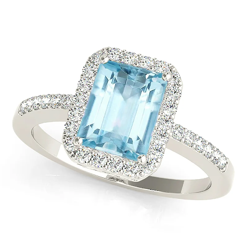 diamond-studded rings for women-2.10 ct. Genuine Emerald Cut Aquamarine Ring With Halo