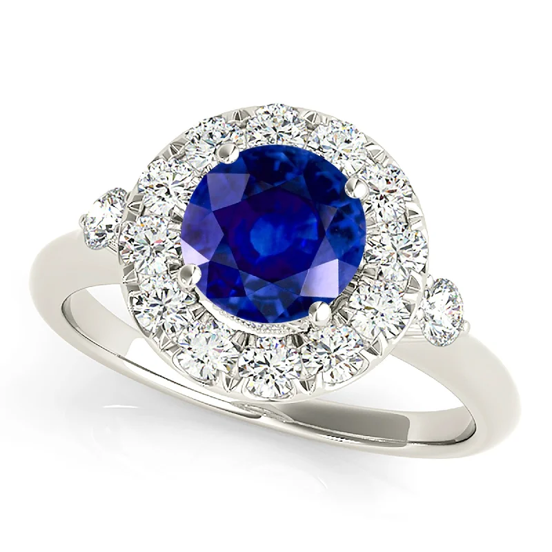 handmade rings for women-1.35 ct. Genuine Blue Sapphire Ring With Halo Style, Two Side Accent Diamonds