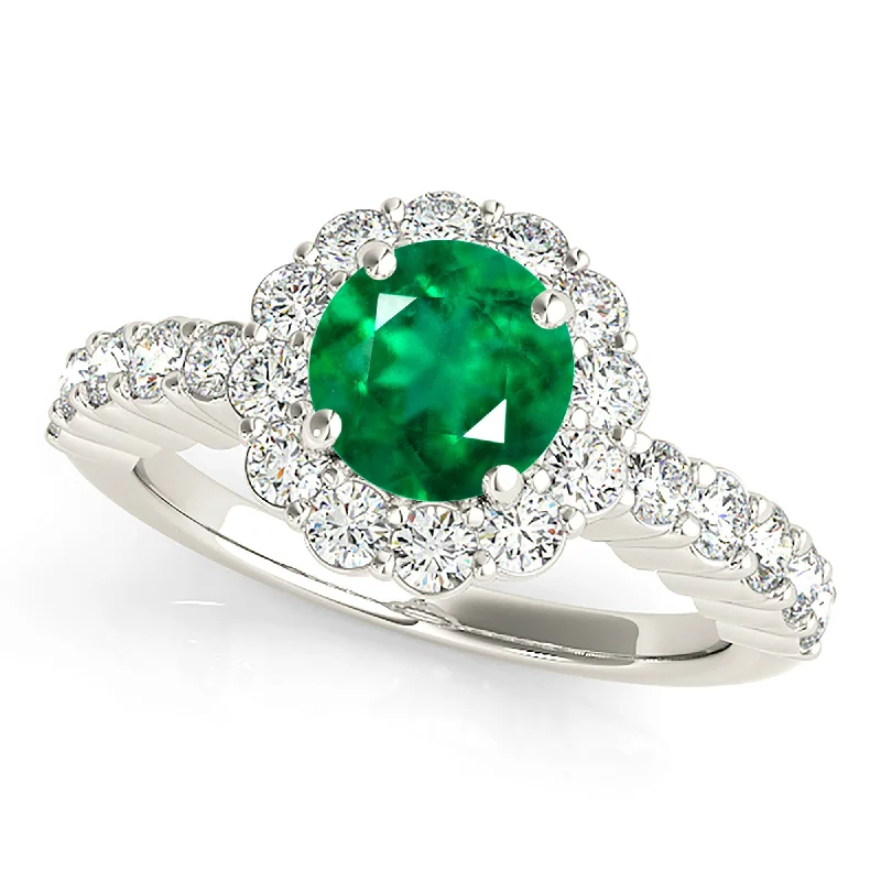 bold statement rings for women-1.15 ct. Genuine Emerald Ring With Halo And Scalloped Diamond Band