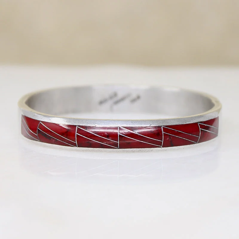 delicate bangles for women-Substantial Mexican 950 Silver Bracelet with Red Inlay