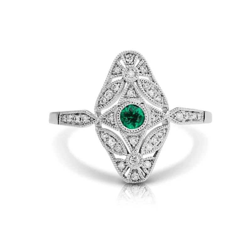 luxurious gold rings for women-Vintage Inspired 0.10 ct. Natural Emerald Ring With Diamonds