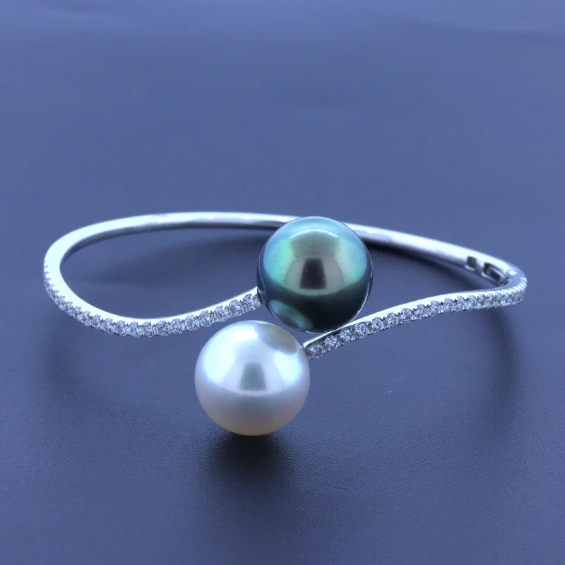 fancy wedding bangles for women-13.5mm South Sea & Tahitian Pearl Diamond 18k White Gold Bangle Bracelet