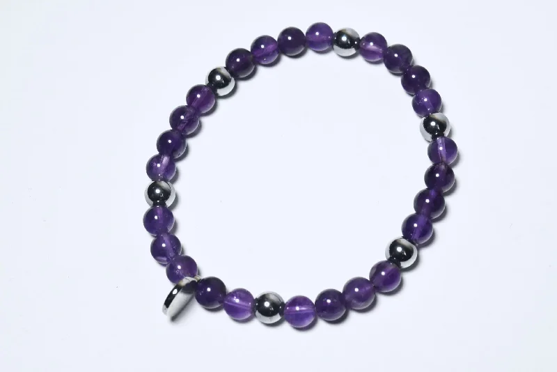 custom bangles for women-Amethyst and Silver Tone Bead Stretch Bracelet