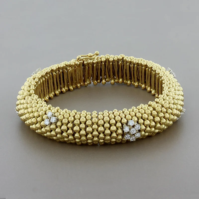 antique bangles for women-Estate Diamond Gold Bead Stretch Bracelet