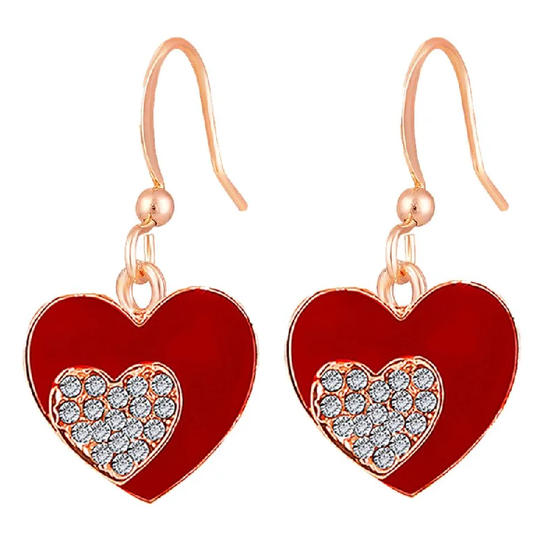 long drop earrings for women-Mahi Rose Gold Plated Red Meenakari Work and Crystals Dual Heart Earrings for Women (ER1109844ZRed)