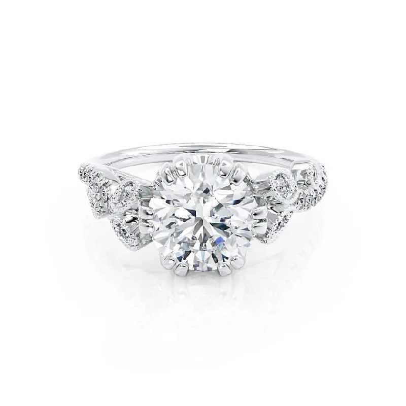 vintage-inspired engagement rings for women-FLEUR - Round Moissanite & Diamond 950 Platinum Shoulder Set Ring