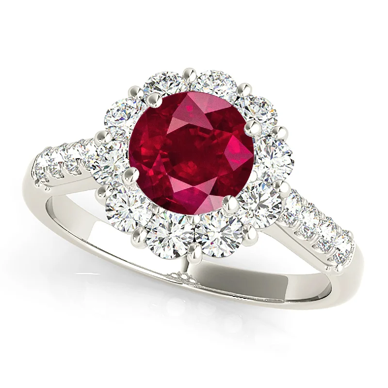 fancy rings for women-1.80 ct. Genuine Ruby Ring With Halo And Delicate Diamond Band