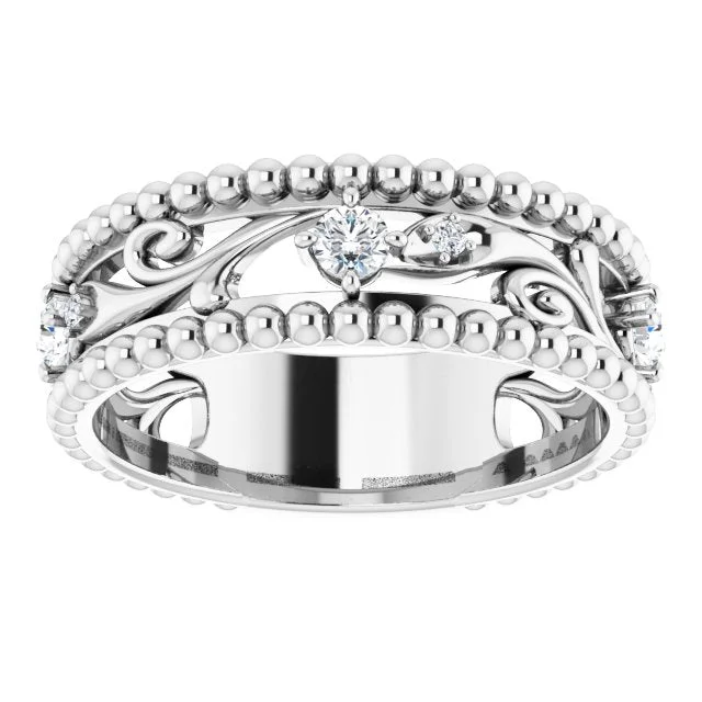 luxury rings with diamonds for women-Filigree and Milgrain Accent Vintage Inspired Diamond Wedding Band