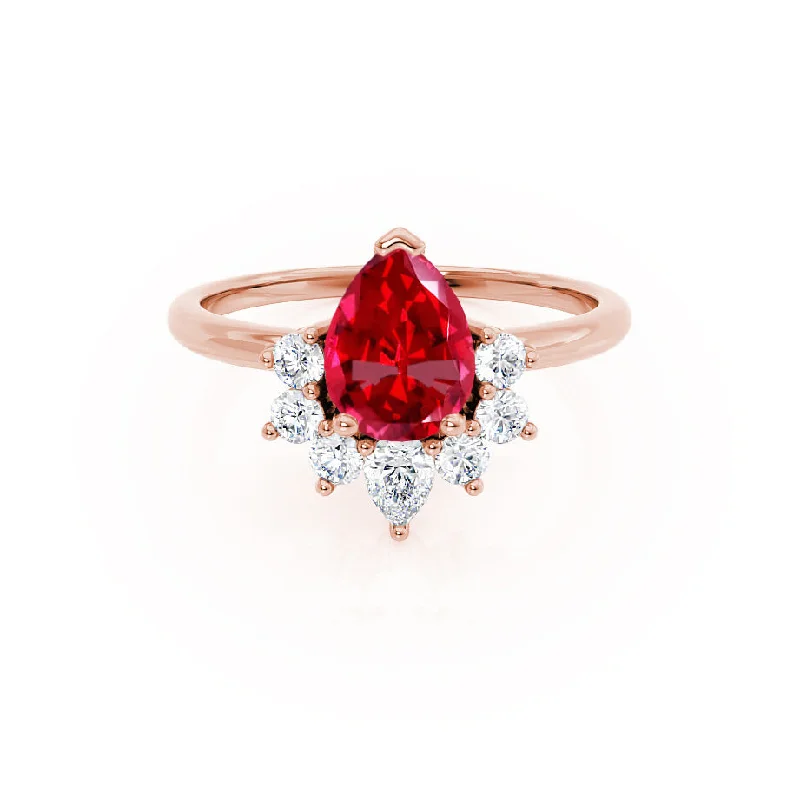 halo engagement rings for women-BALLET - Chatham® Pear Ruby & Diamond Half Halo Tiara Ring 18k Rose Gold