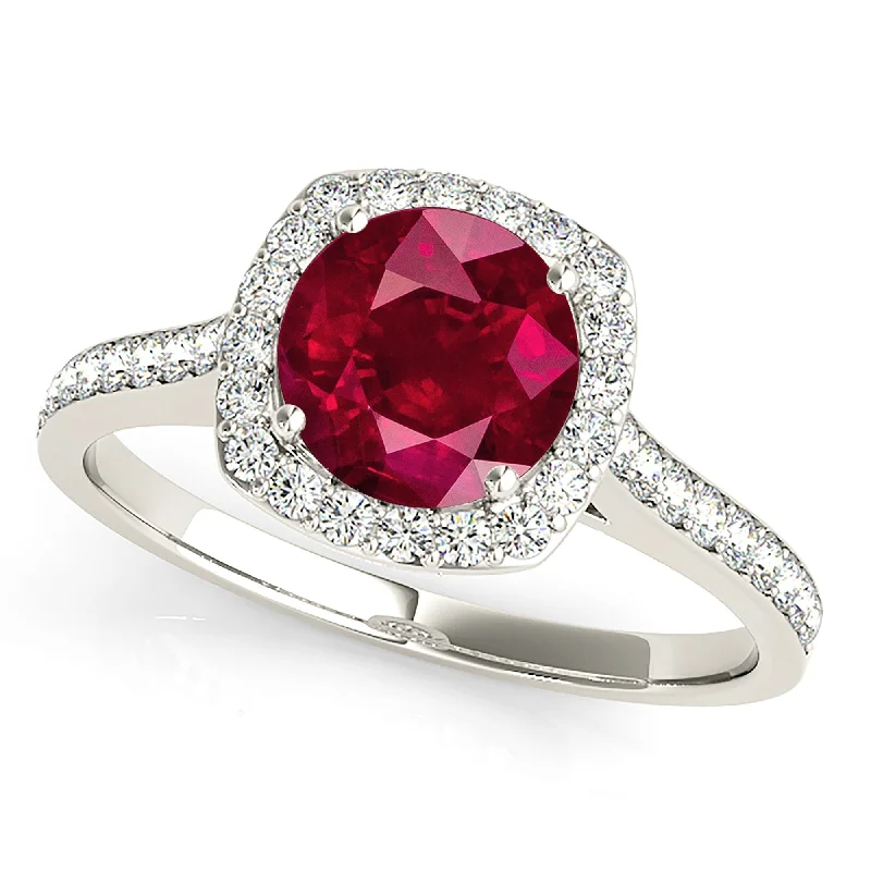 simple rings for women-1.45 ct. Genuine Ruby Ring With Cushion Halo And Delicate Diamond Band