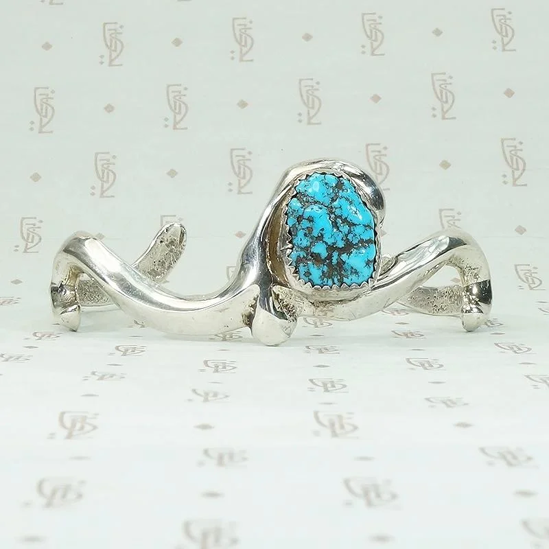 oversized bangles for women-Silver & Turquoise Cuff with Romantic Flourish