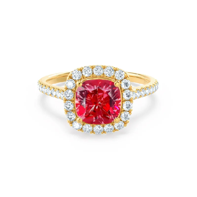 modern gold engagement rings for women-VIOLETTE - Ready to Ship Chatham® Cushion 6mm Ruby & Diamond 18k Yellow Gold Petite Halo Ring