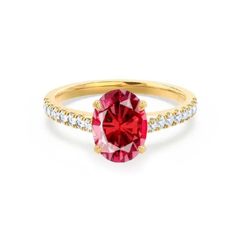 simple solitaire engagement rings for women-VIOLA - Chatham® Ruby Oval & Diamond 18k Yellow Gold Shoulder Set Ring