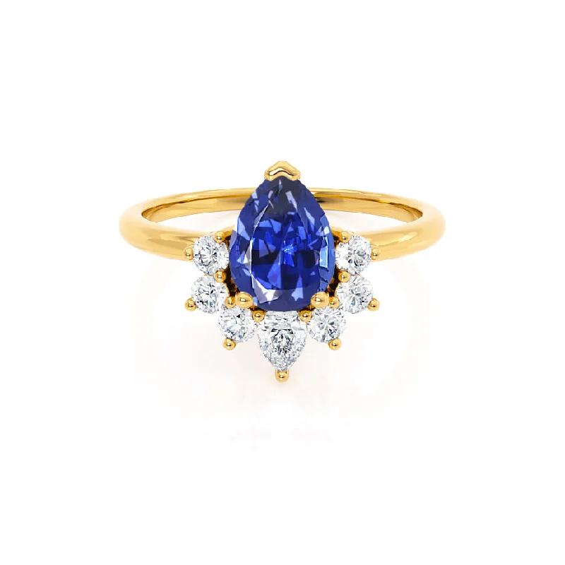 simple engagement rings for women-BALLET - Chatham® Pear Blue Sapphire & Diamond Half Halo Tiara Ring 18k Yellow Gold