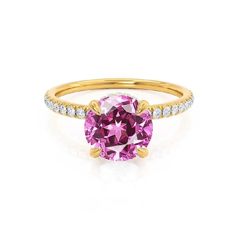 solitaire diamond engagement rings for women-LIVELY - Chatham® Round Pink Sapphire 18k Yellow Gold Petite Hidden Halo Pavé Shoulder Set Ring