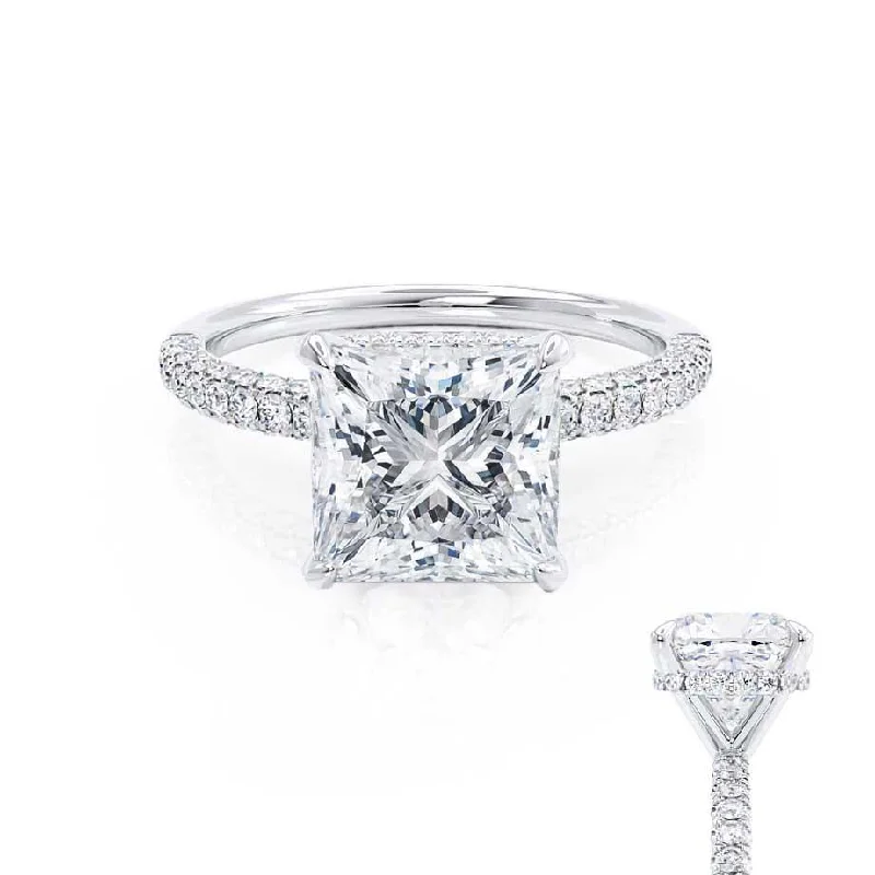 unique ruby engagement rings for women-COCO - Princess Moissanite & Diamond Platinum Hidden Halo Triple Pavé Shoulder Set