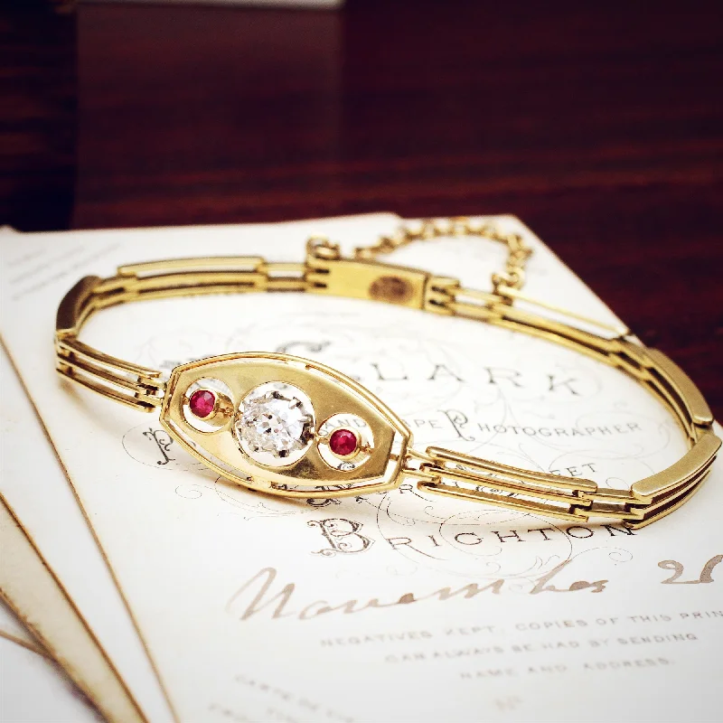 high-end bangles for women-Lovely Quality Vintage Diamond & Ruby 18ct Gold Bracelet