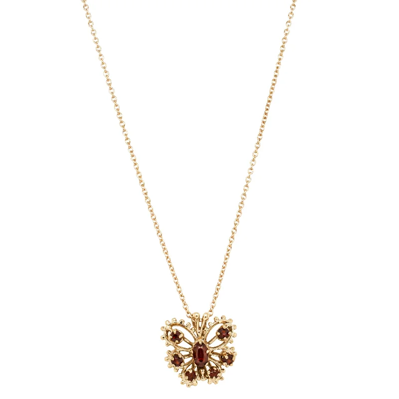 vintage gemstone necklaces for women-Deja Vu 9ct Yellow Gold Garnet Butterfly Pendant