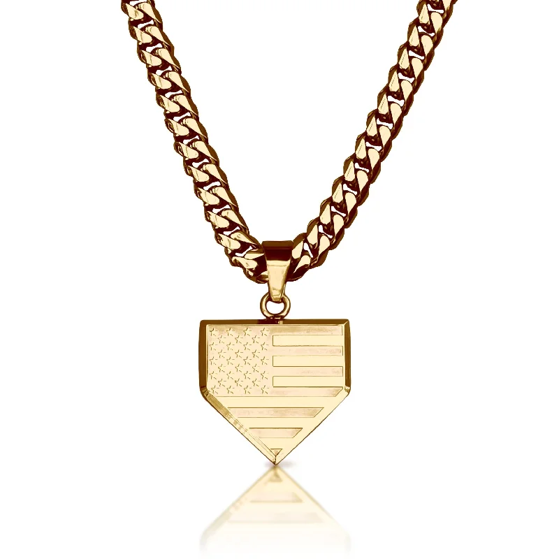 ruby necklaces for women-Pro USA Flag Home Plate Pendant With 6mm Cuban Link Chain Necklace - 14K Gold Plated Stainless Steel