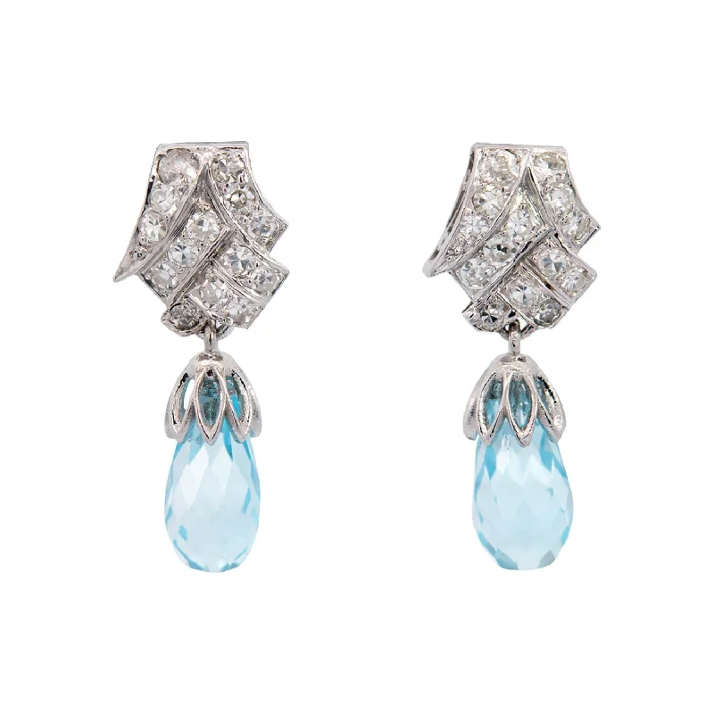 personalized earrings for women-Late Art Deco Platinum Aquamarine Briolette + Diamond Earrings