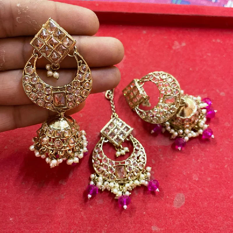 personalized name earrings for women-JCM Jewellery Gold Plated Crystal Stone Jhumki Earrings With Maangtikka