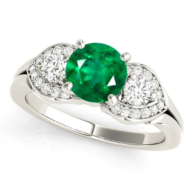 contemporary rings for women-1.15 ct. Genuine Emerald Three Stone Style Side Heart Halo