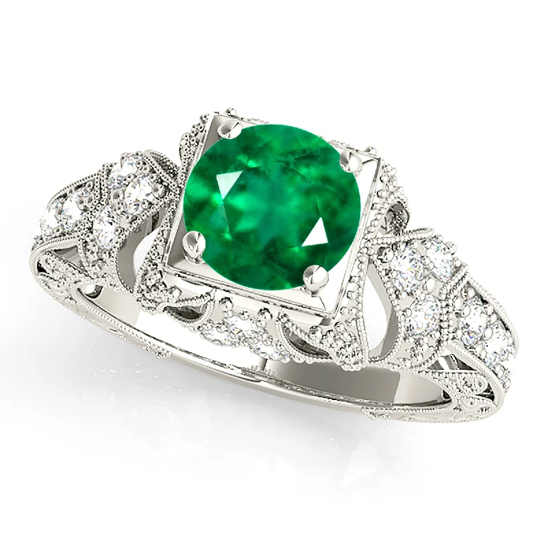 sterling silver engagement rings for women-1.15 ct. Genuine Solitaire Emerald Ring With Filigree And Milgrain Band