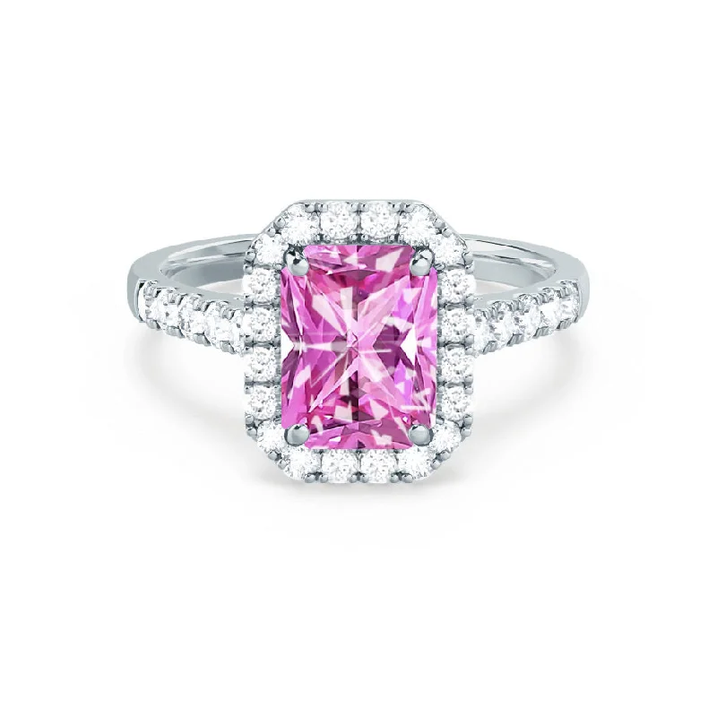 engagement rings with gemstones for women-ESME - Chatham® Radiant Lab-Grown Pink Sapphire & Diamond 18k White Gold Halo