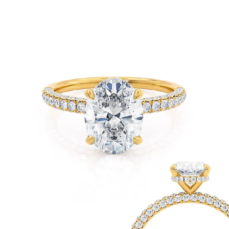 contemporary engagement rings for women-COCO - Oval Natural Diamond 18k Yellow Gold Petite Hidden Halo Triple Pavé Shoulder Set